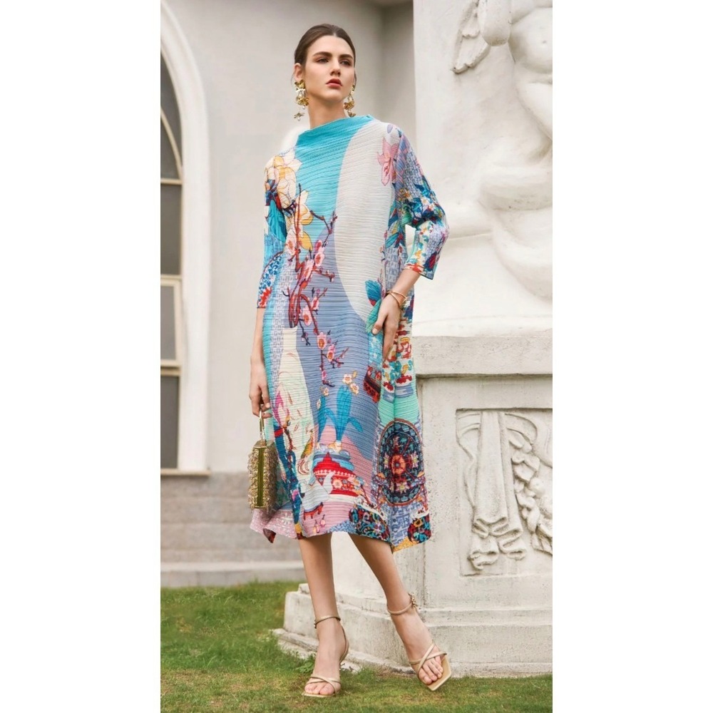 NEW Rich Radi Qs Artistic Garden Print Pleated Midi Dress S-L/One Size Designer